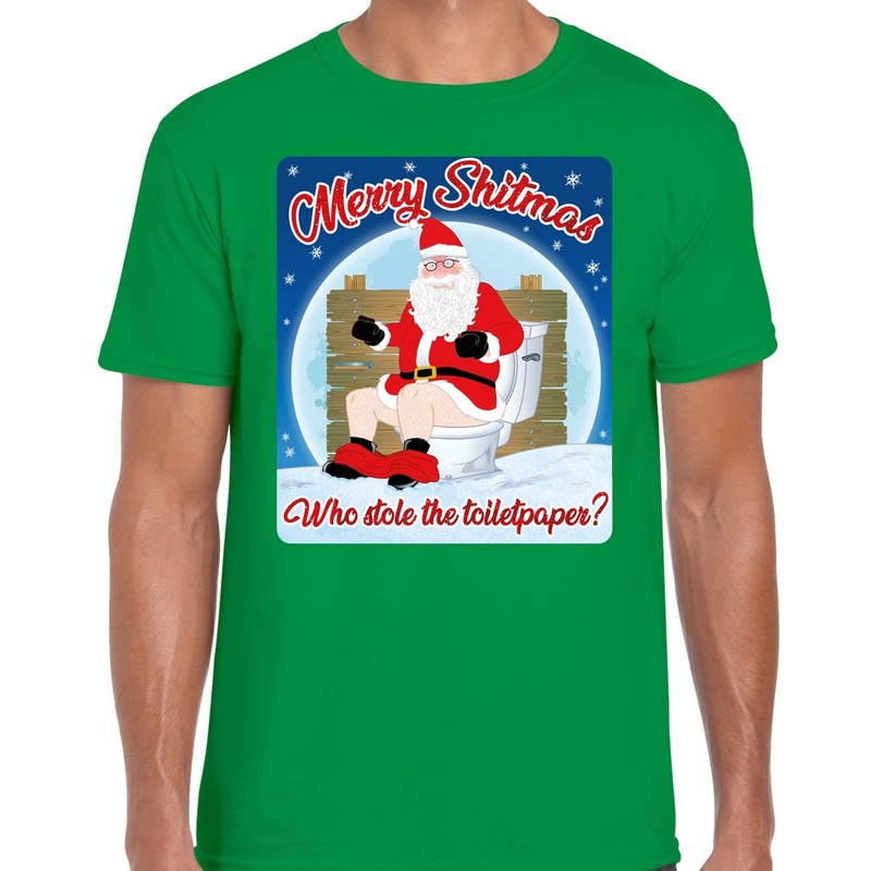 Fout kerst t-shirt merry shitmas toiletpaper groen voor heren