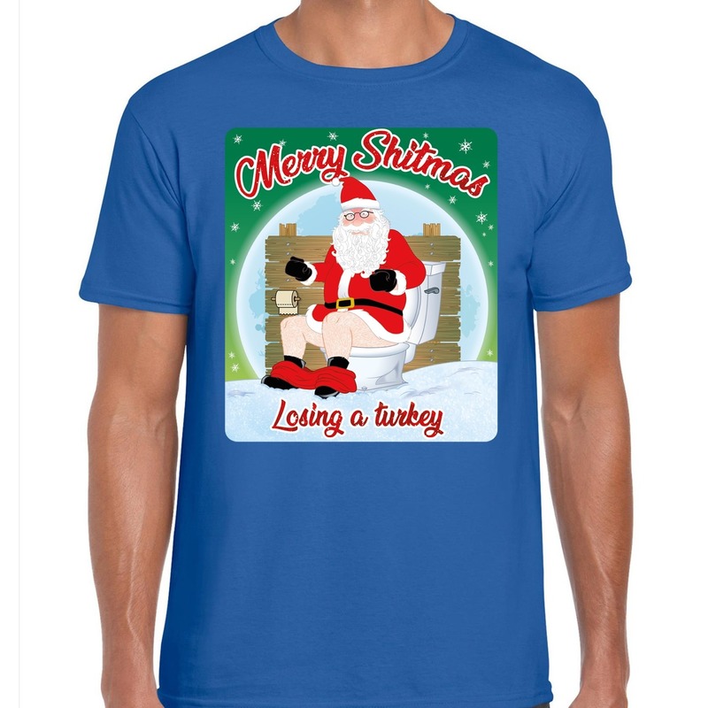 Fout kerst t-shirt merry shitmas turkey blauw voor heren