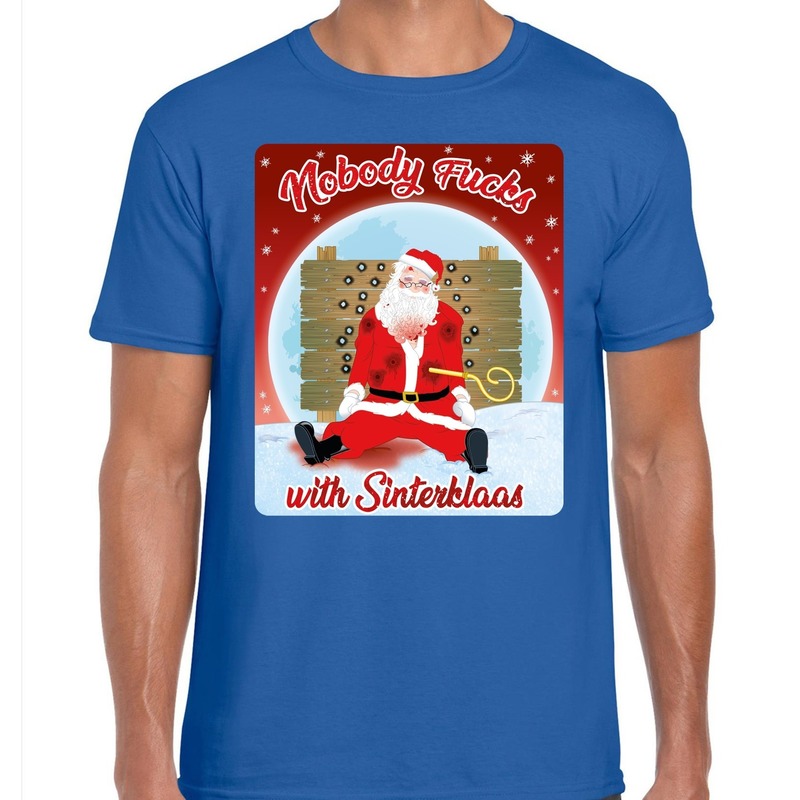 Fout kerst t-shirt nobody fucks with sinterklaas blauw heren