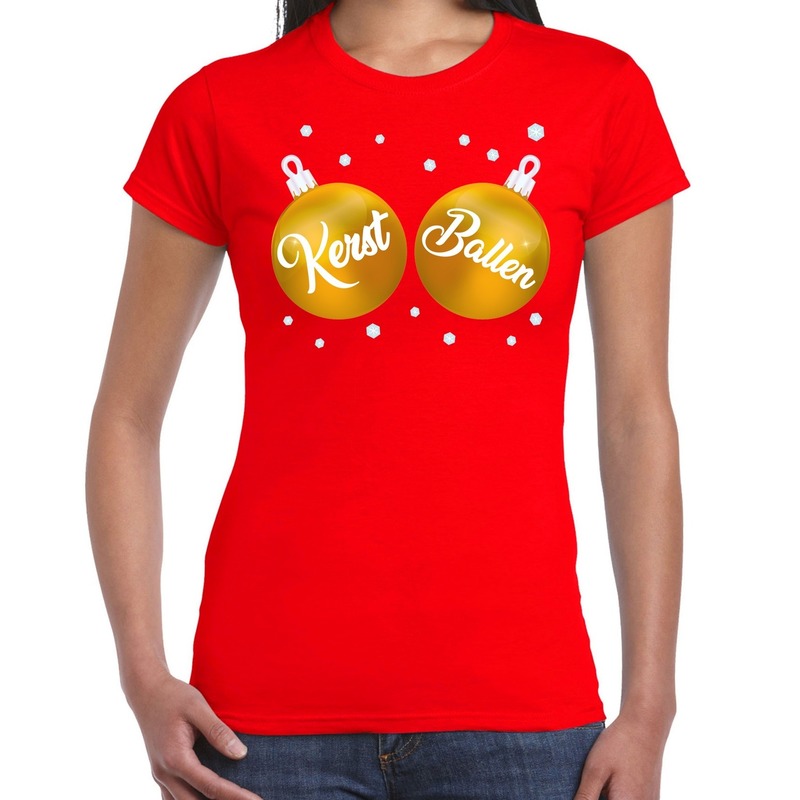 Fout kerst t-shirt rood met gouden kerst ballen voor dames