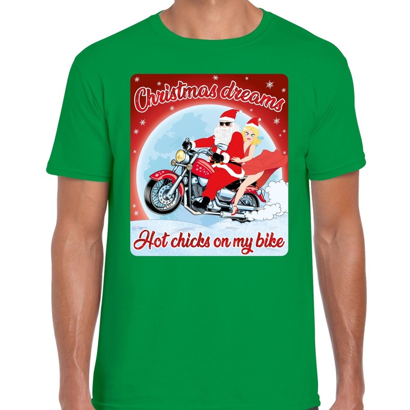 Fout kerst t-shirt voor motorliefhebbers hot chicks groen heren