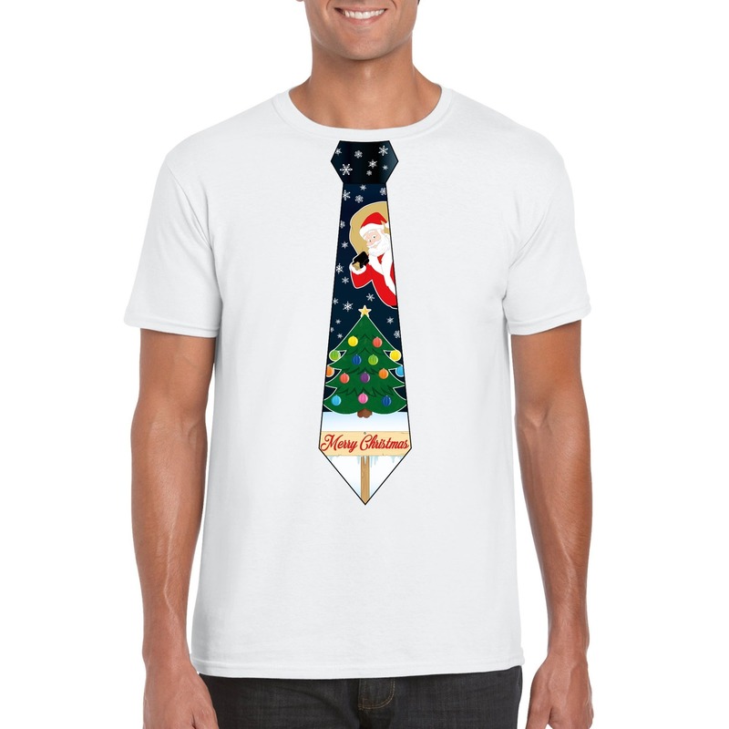 Fout kerst t-shirt wit met kerstboom stropdas voor heren