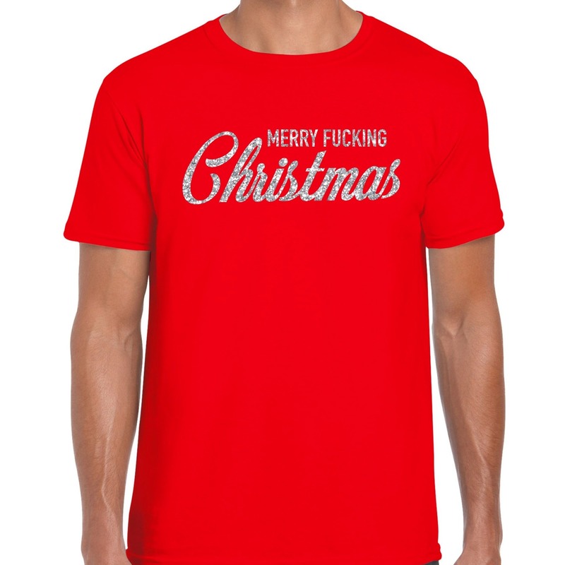 Fout kerstshirt Merry Fucking Christmas zilver glitter rood her