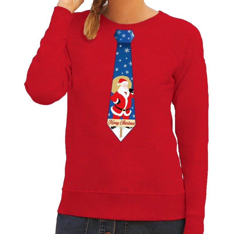 Foute kersttrui stropdas met kerstman print rood voor dames