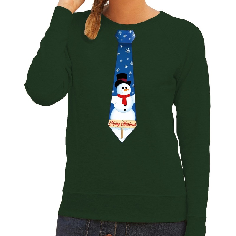 Foute kersttrui stropdas met sneeuwpop print groen voor dames