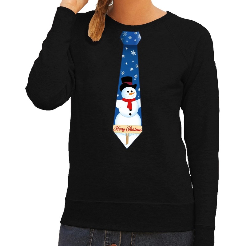 Foute kersttrui stropdas met sneeuwpop print zwart voor dames