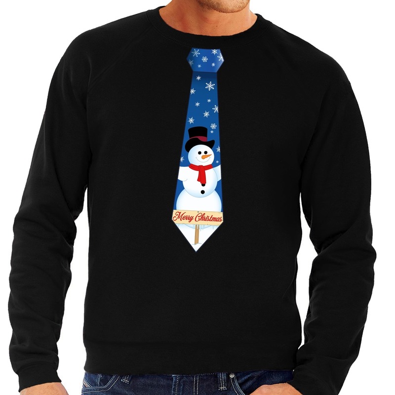 Foute kersttrui stropdas met sneeuwpop print zwart voor heren
