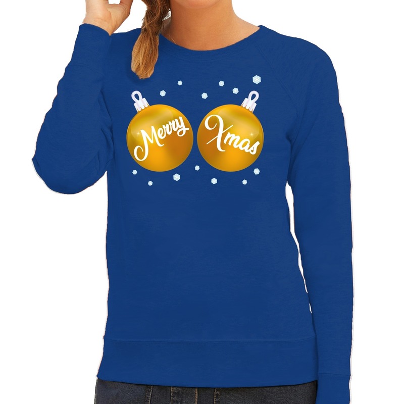 Foute kersttrui - sweater blauw met Merry Xmas voor dames