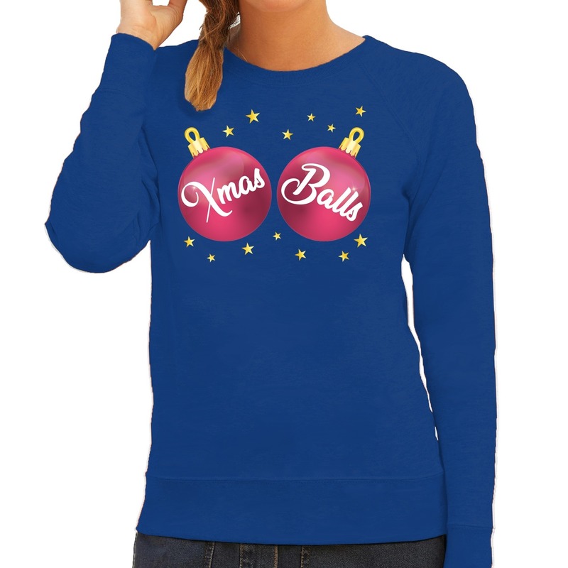 Foute kersttrui - sweater blauw met roze Xmas Balls voor dames