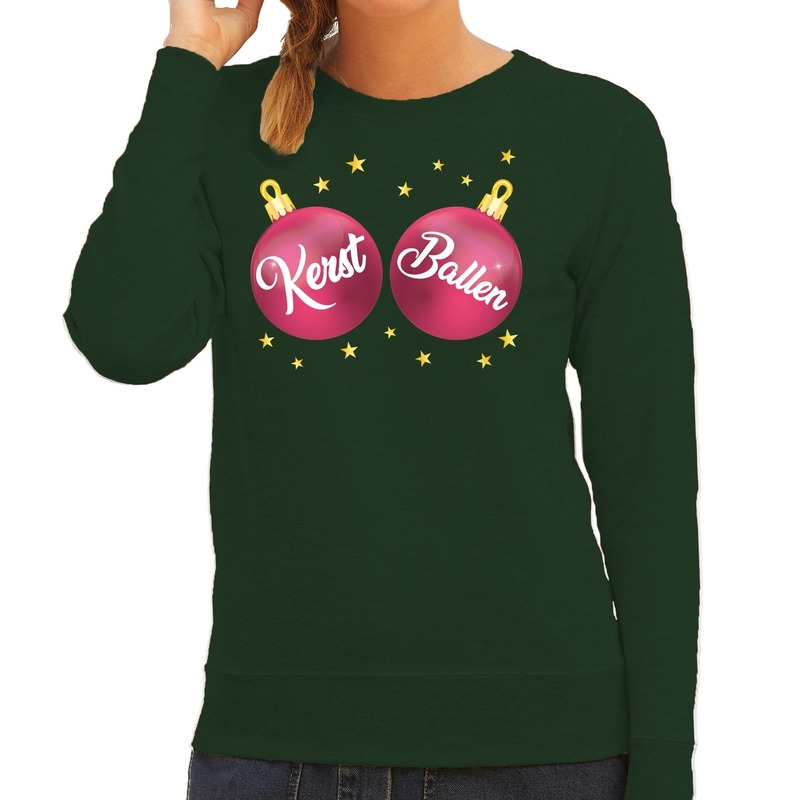 Foute kersttrui - sweater groen met roze Kerst Ballen voor dames