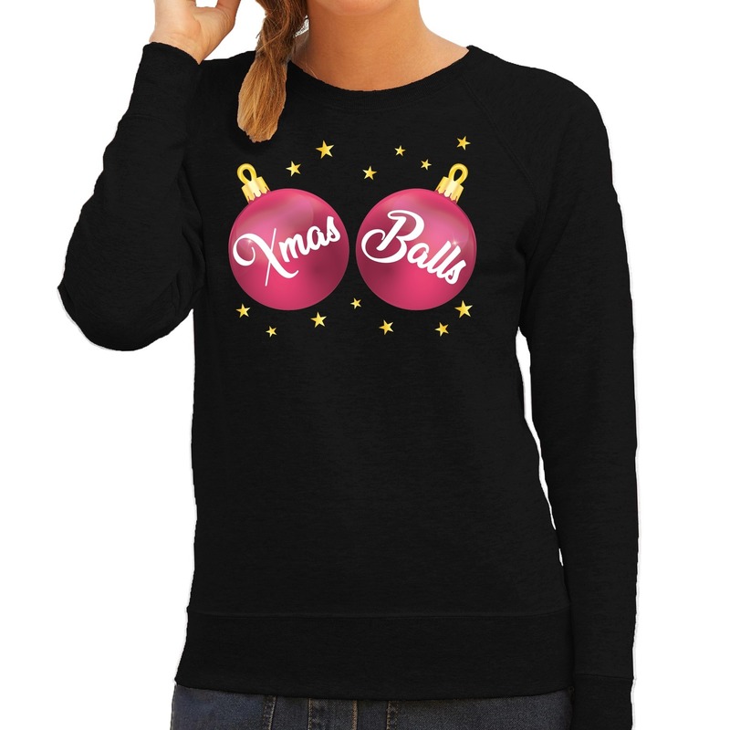 Foute kersttrui - sweater zwart met roze Xmas Balls dames