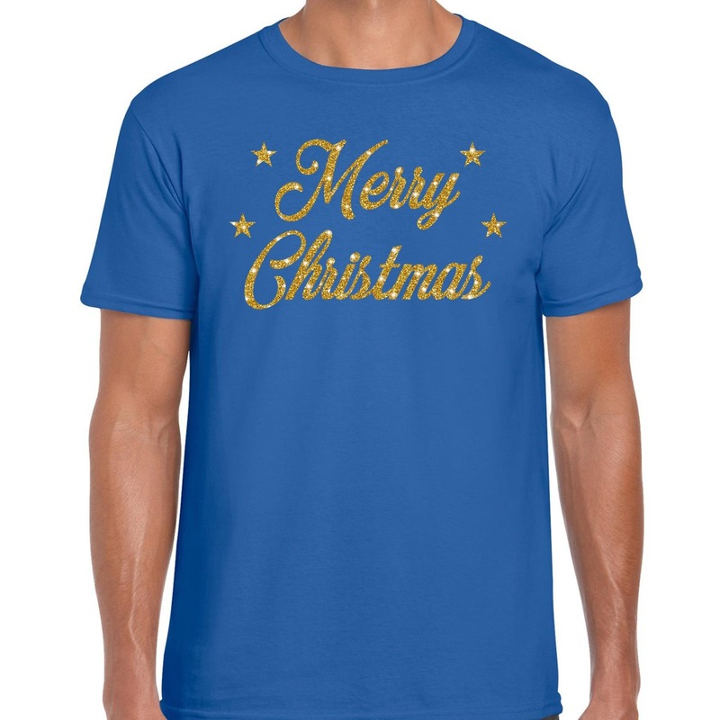 Kerst shirt Merry Christmas gouden glitter letters blauw heren