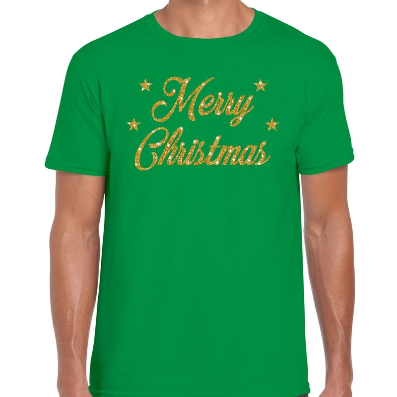 Kerst shirt Merry Christmas gouden glitter letters groen heren