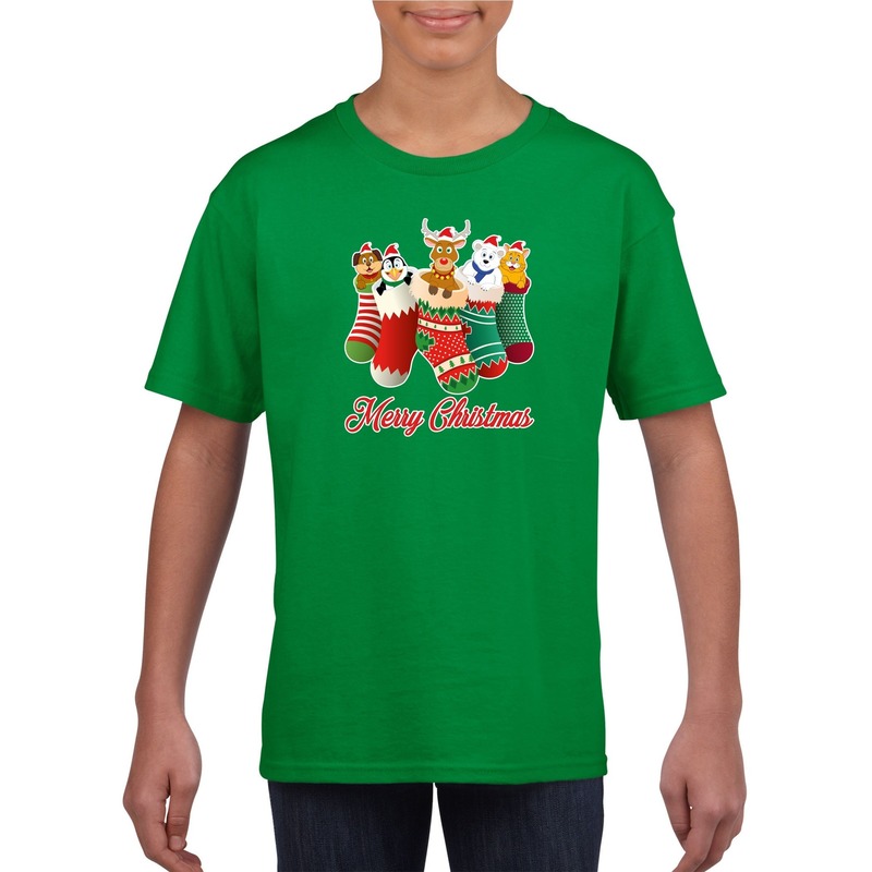Kerst t-shirt Merry Christmas dieren kerstsokken groen kids