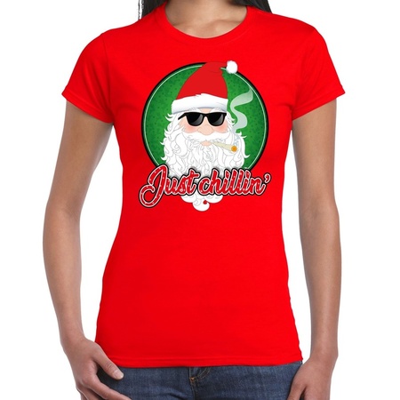 Fout kerst shirt just chillin stoere santa rood voor dames