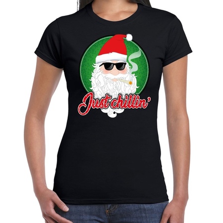 Fout kerst shirt just chillin stoere santa zwart voor dames