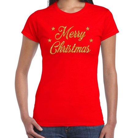 Fout kerst shirt merry Christmas goud / rood voor dames