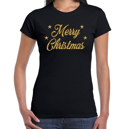 Fout kerst shirt merry Christmas goud / zwart voor dames