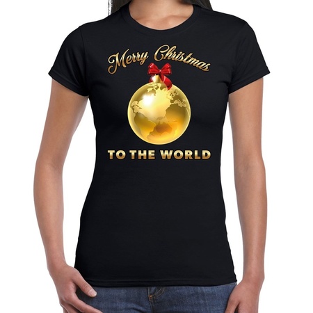 Fout kerst shirt Merry Christmas to the world zwart voor dames