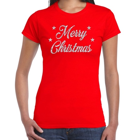 Red Christmas t-shirt Merry Christmas silver women