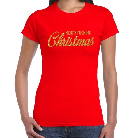 Fout kerst shirt Merry Fucking Christmas goud / rood dames