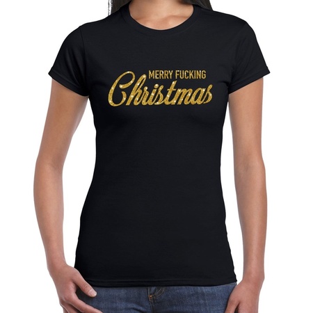 Fout kerst shirt Merry Fucking Christmas goud / zwart voor dames