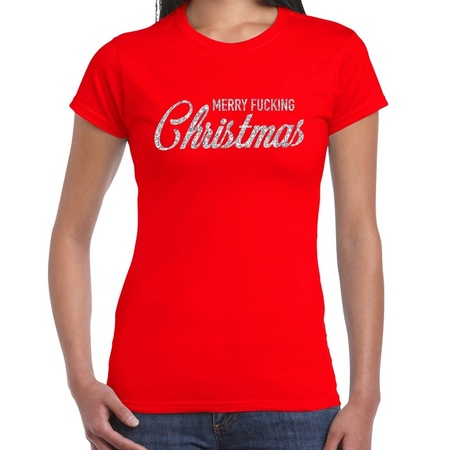Fout kerst shirt Merry Fucking Christmas zilver / rood dames