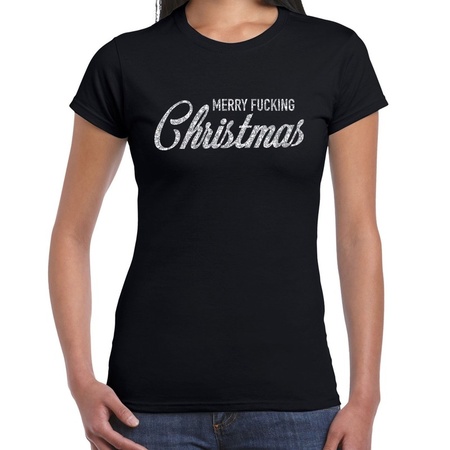 Fout kerst shirt Merry Fucking Christmas zilver / zwart dames