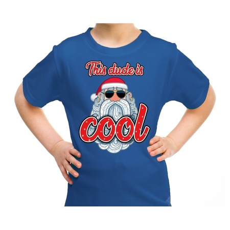 Fout kerst shirt stoere santa this dude is cool blauw voor kids