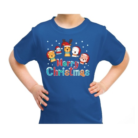 Fout kerst shirt / t-shirt dieren Merry christmas blauw kids