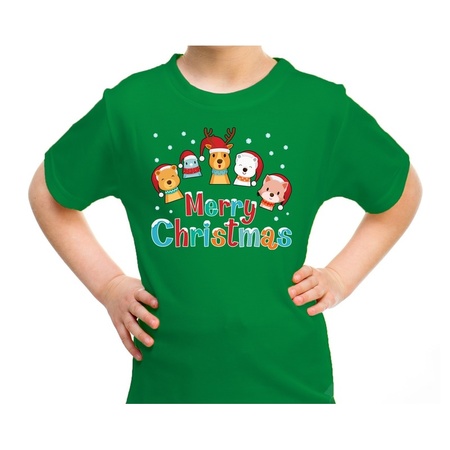 Christmas t-shirt animals Merry christmas green for kids