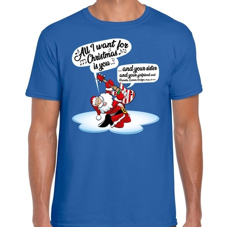 Christmas t-shirt singing santa with guitar blue for men