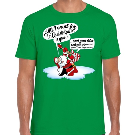 Christmas t-shirt singing santa with guitar green for men