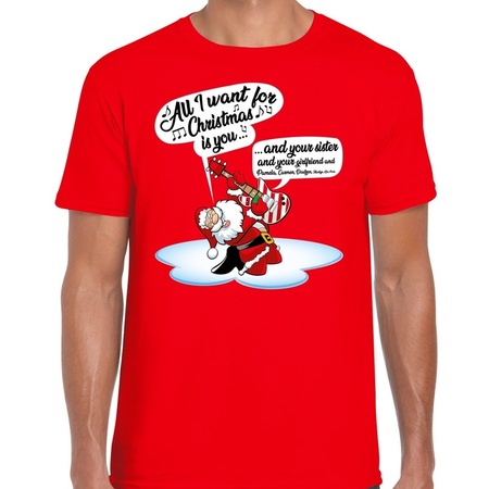 Christmas t-shirt singing santa with guitar red for men