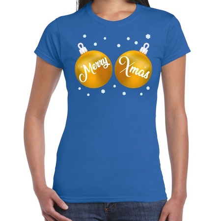Christmas t-shirt blue with golden merry Xmas balls for women