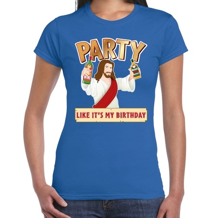 Fout kerst t-shirt blauw met party Jezus voor dames