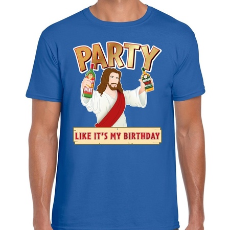 Fout kerst t-shirt blauw met party Jezus voor heren