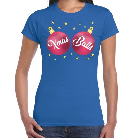 Christmas t-shirt blue with pink Xmas balls for women