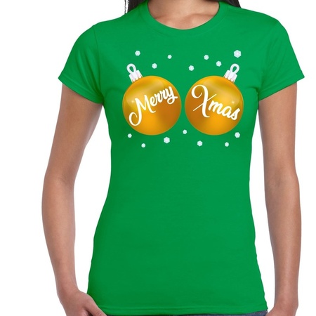 Christmas t-shirt green with golden merry Xmas balls for women