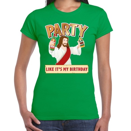 Fout kerst t-shirt groen met party Jezus voor dames