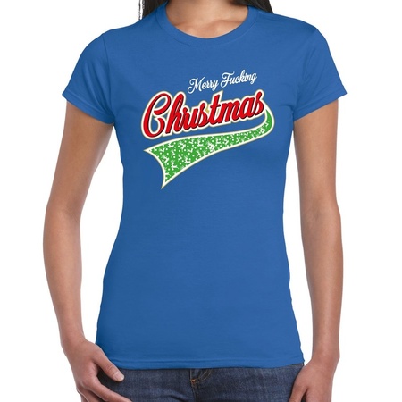 Christmas t-shirt merry fucking Christmas blue for women