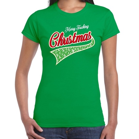 Fout kerst t-shirt merry fucking Christmas groen voor dames