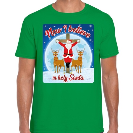 Fout kerst t-shirt now I believe groen voor heren