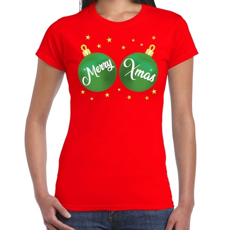 Fout kerst t-shirt rood met groene merry Xmas ballen voor dames