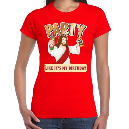 Fout kerst t-shirt rood met party Jezus voor dames