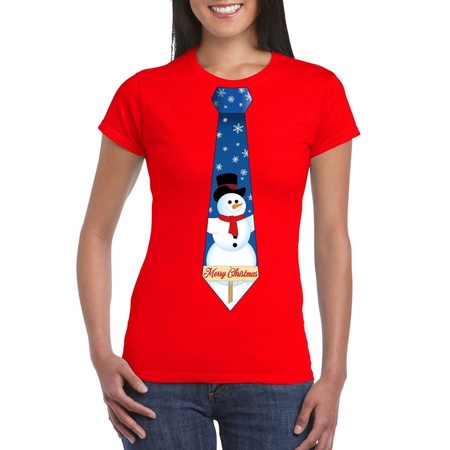Fout kerst t-shirt rood met sneeuwpop stropdas voor dames