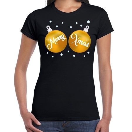 Christmas t-shirt black with golden merry Xmas balls for women