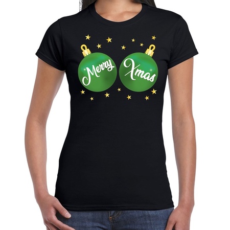 Christmas t-shirt black with green merry Xmas balls for women