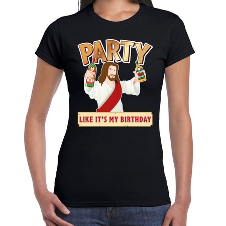 Fout kerst t-shirt zwart met party Jezus voor dames