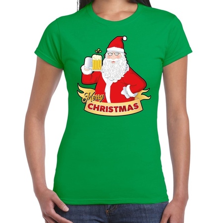 Christmas t-shirt green santa with beer for women